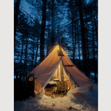 a glowing esker tent in a snowy forest