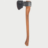 an esker camp axe, with a wooden handle, and a leather mask on.