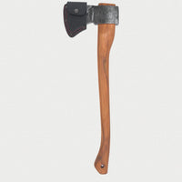 an esker camp axe, with a wooden handle, and a leather mask on.