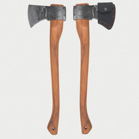 2 esker camp axes back to back, one with a leather mask on and one without. 