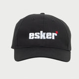 Black cap with esker logo on a light gray background