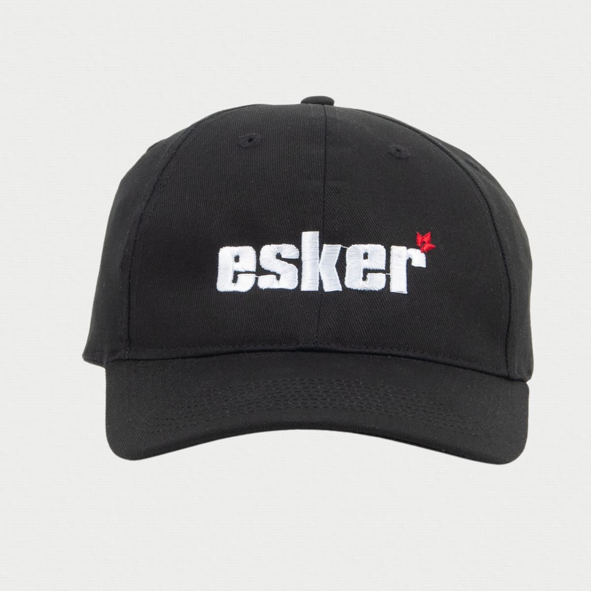 Black cap with esker logo on a light gray background