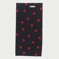 esker head wear / neck gaiter  with red maple leaf pattern and esker branding on a white background