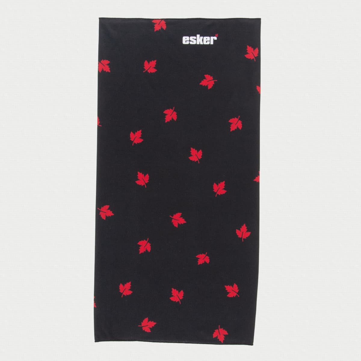esker head wear / neck gaiter  with red maple leaf pattern and esker branding on a white background