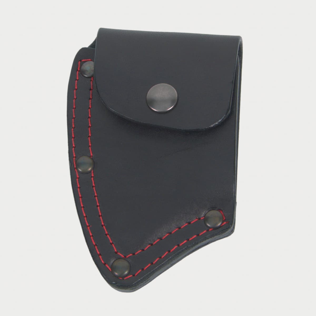 Black leather axe mask with red stitching on a light gray background