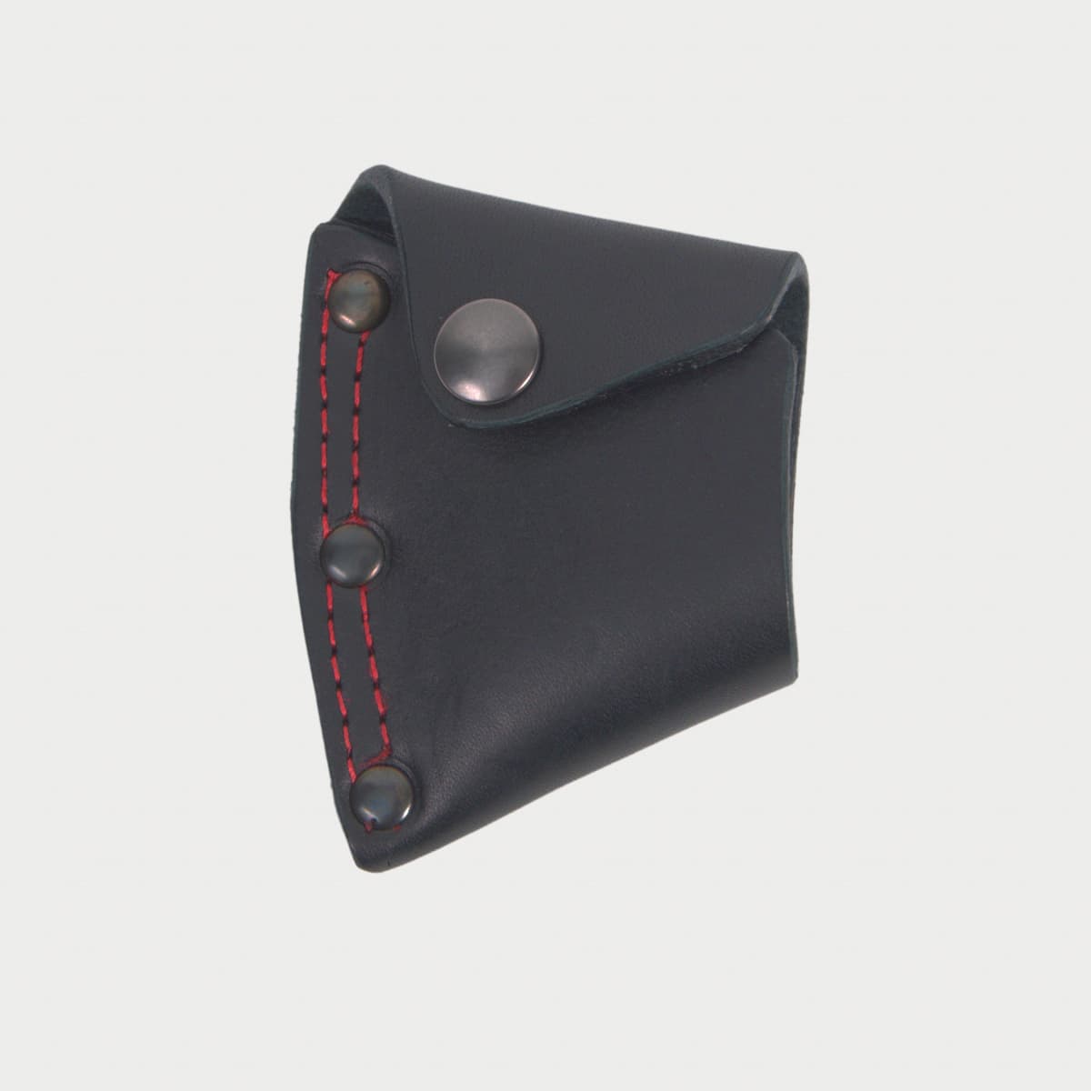 Black leather hatchet mask  with red stitching on a light gray background