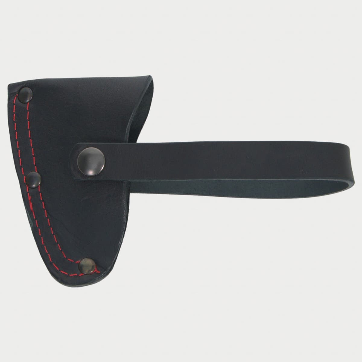 Black leather axe mask with red stitching on a light gray background