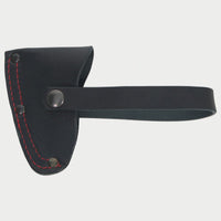 Black leather axe mask with red stitching on a light gray background