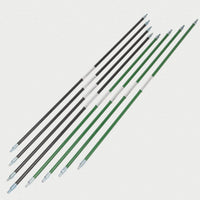 Set of green and black multi tent poles on a light gray background