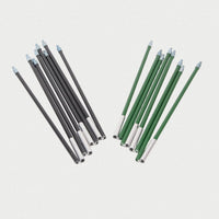 Set of black and green multi tent poles, folded, on a light gray background