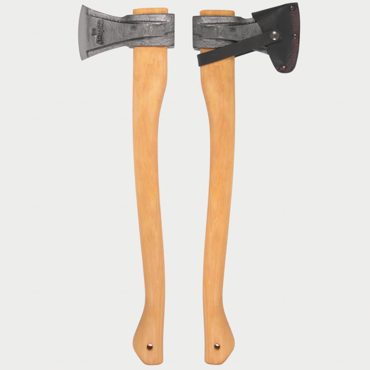 2 esker splitting axes back to back on an isolated background. Showing without a mask on the axe head, and with the mask on the axe head.
