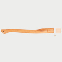 Wooden hatchet handle, with mounting hardware, on a light gray background