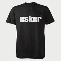 Black t shirt with the Esker logo printed across the chest. On an isolated background
