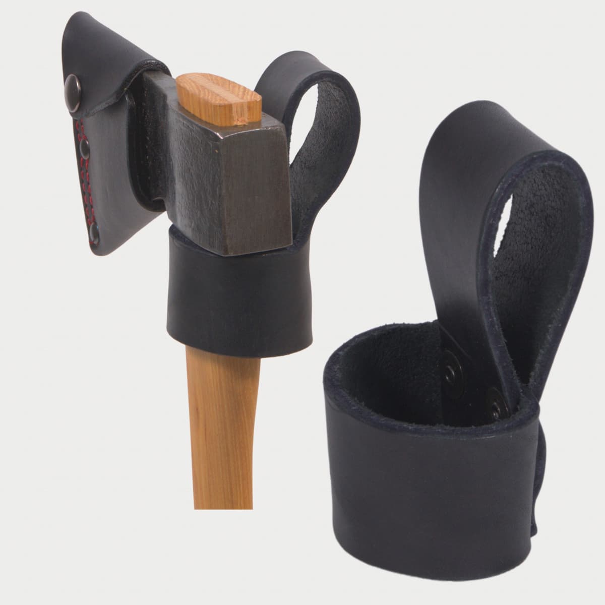 esker leather tool holster, showing an axe through the carrying loop, with a close up of an empty holster. 