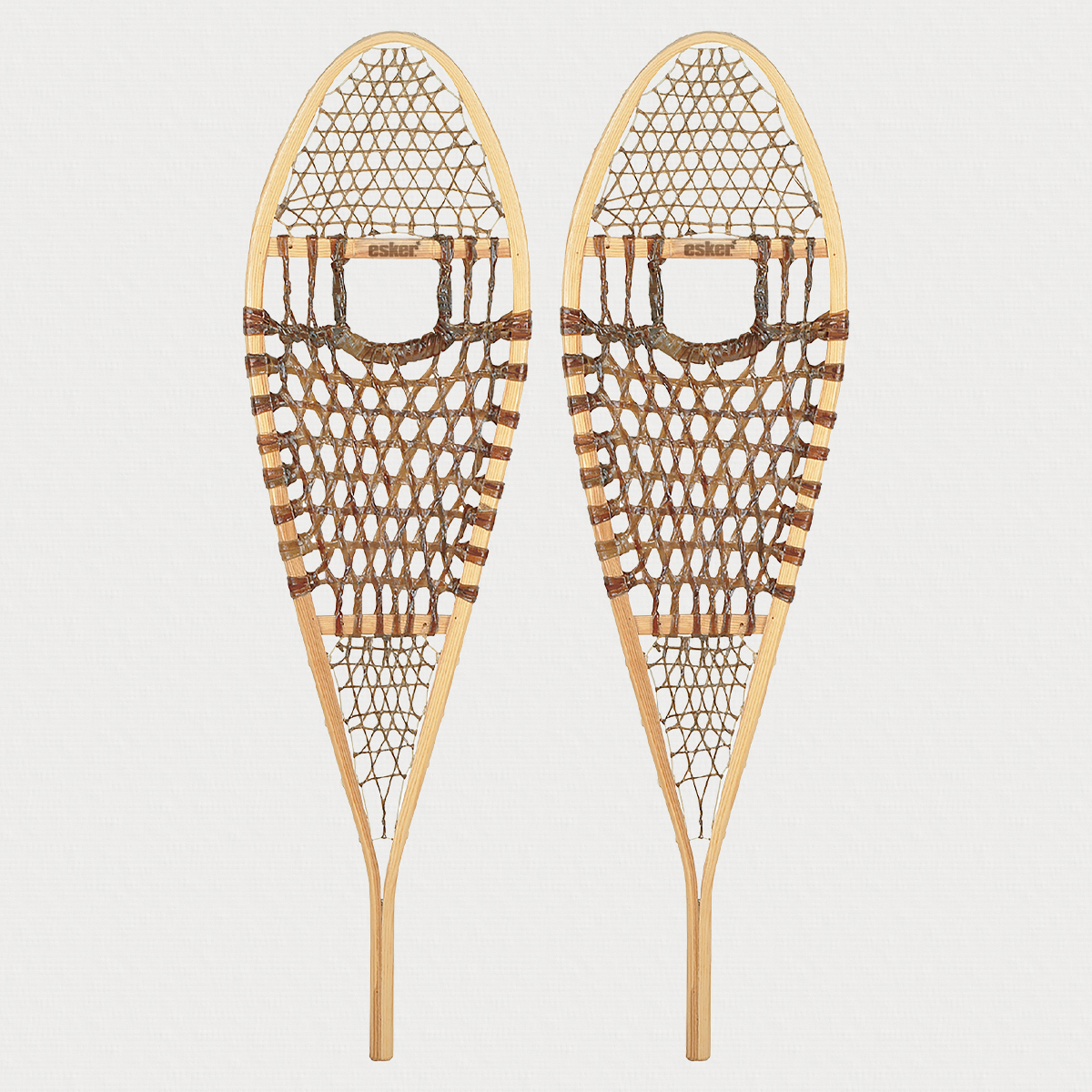 Pair of Esker traditional snowshoes with hand-woven rawhide webbing
