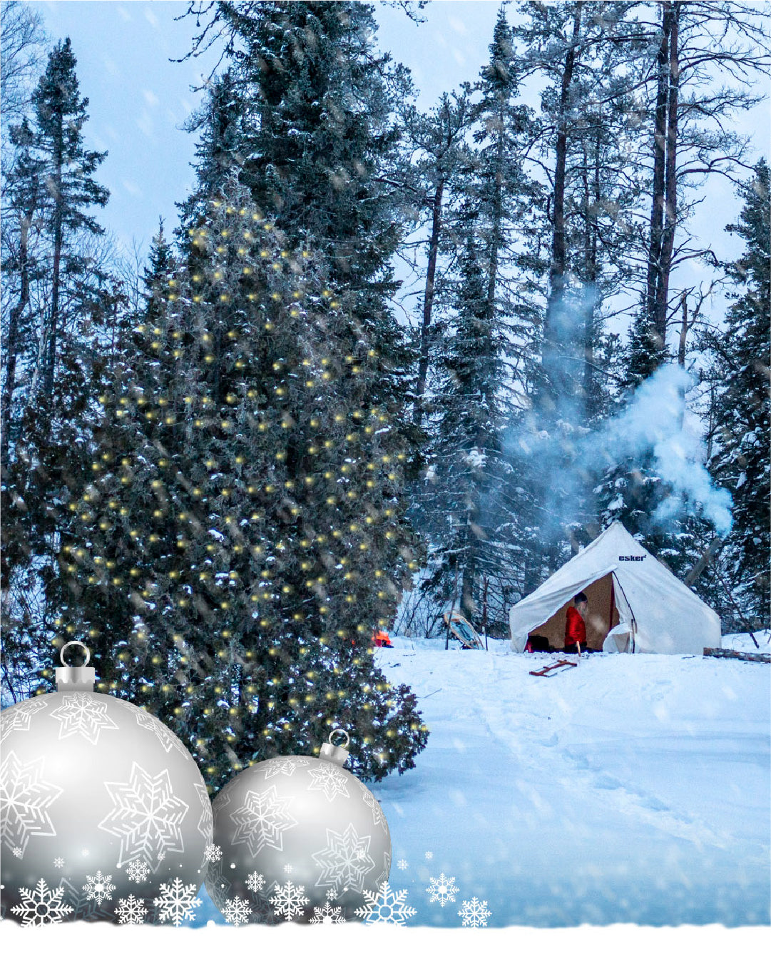 a holiday banner for esker outdoors, showing trees with lights, an esker tent, ornaments and snowflakes