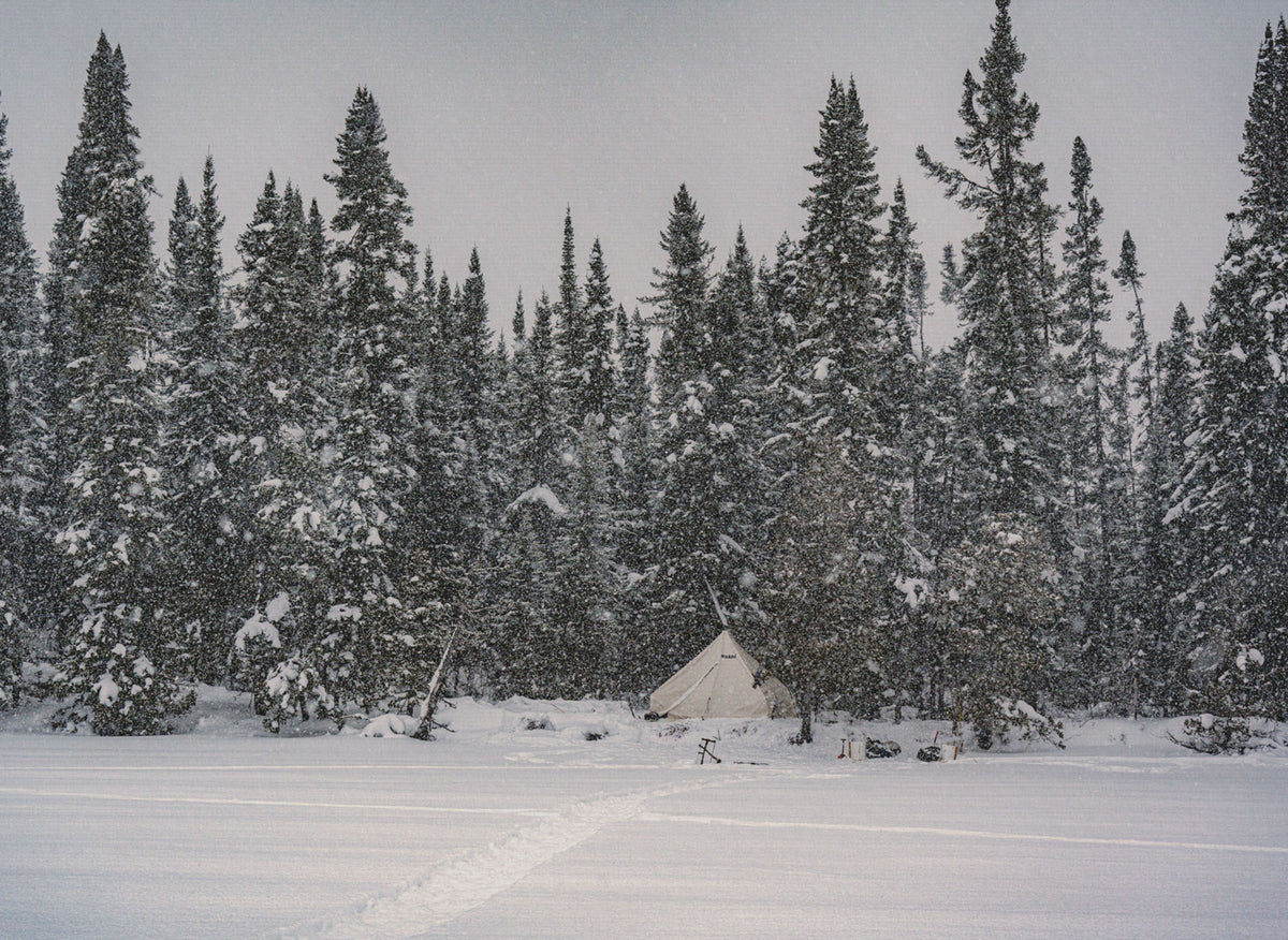 Esker Tent in a snowy forest with snow falling