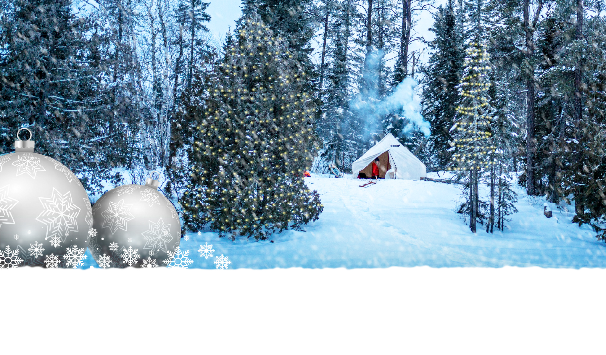 a holiday banner for esker outdoors, showing trees with lights, an esker tent, ornaments and snowflakes