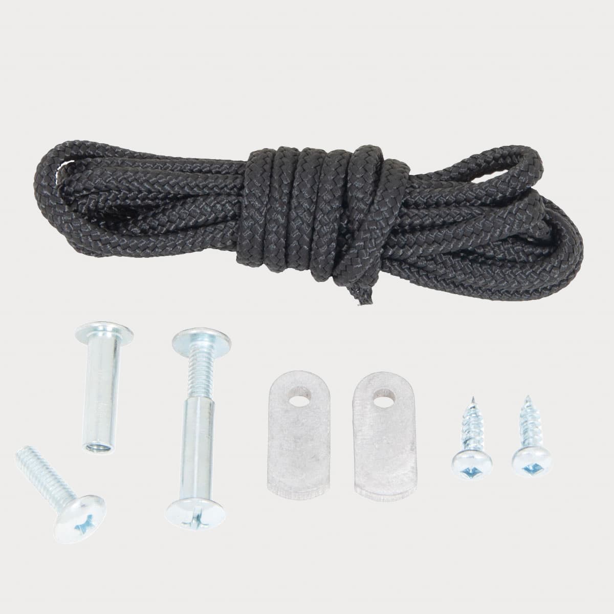 esker bucksaw repair kit, showcasing the rope, and additional screws and hardware, on an isolated background.